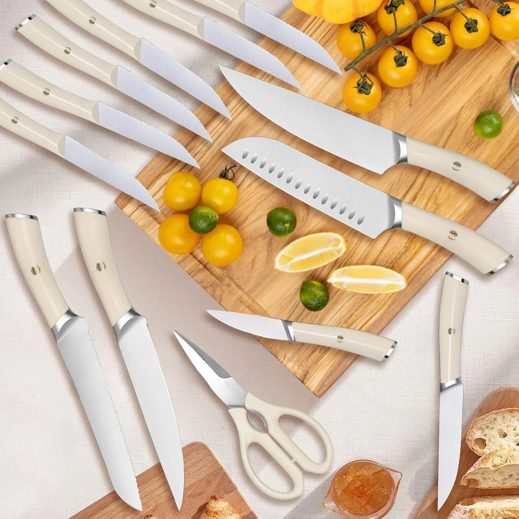 Ivory Knife Block Set (15-PCS) �C High Carbon Stainless Steel, Built-in Sharpener, Forged Chef Blades