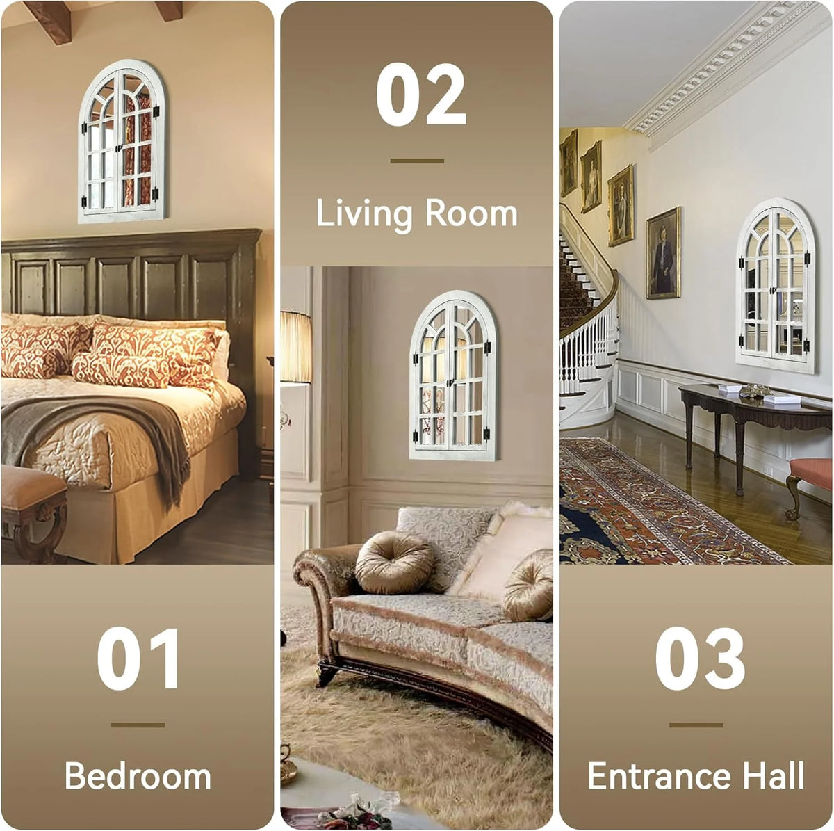 Window Mirrors for Wall Decor -White Arched Wall Mirror Farmhouse Wall Decor Wood Frame Decorative Wall Mirrors Like Window for Bedroom, Living Room, Entrance, Dining Room