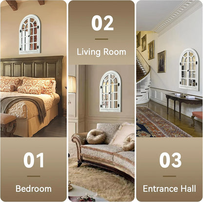 Window Mirrors for Wall Decor -White Arched Wall Mirror Farmhouse Wall Decor Wood Frame Decorative Wall Mirrors Like Window for Bedroom, Living Room, Entrance, Dining Room