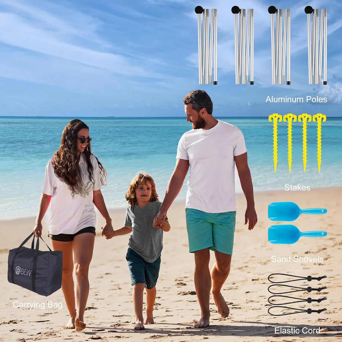Beach Tent, UPF 50+ Beach Canopy Sun Shade, Portable 10×10 FT Large Pop-Up Beach Tent Sun Shelter with Sand Anchors, Ground Pegs, Easy Setup for Beach, Camping, Park, and Backyard Fun