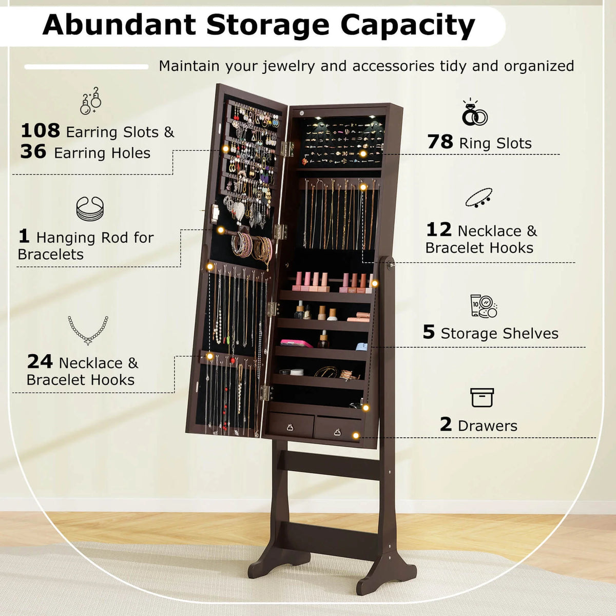 Costway Contemporary MDF Jewelry Cabinet with LED Lights in Brown