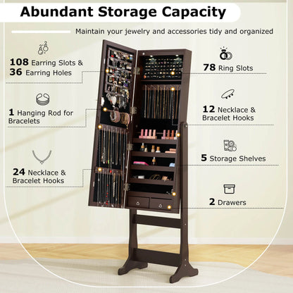 Costway Contemporary MDF Jewelry Cabinet with LED Lights in Brown