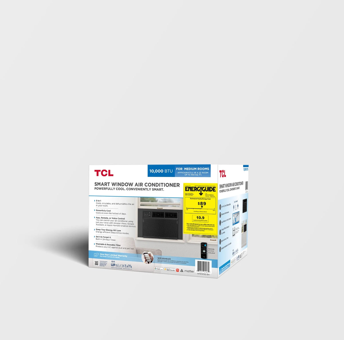 TCL 10,000 BTU Smart Window Air Conditioner, Fan & Dehumidifier, 450 Sq. Ft., Remote Control, Works with Alexa/Google Assistant, Black, W10W92-B4