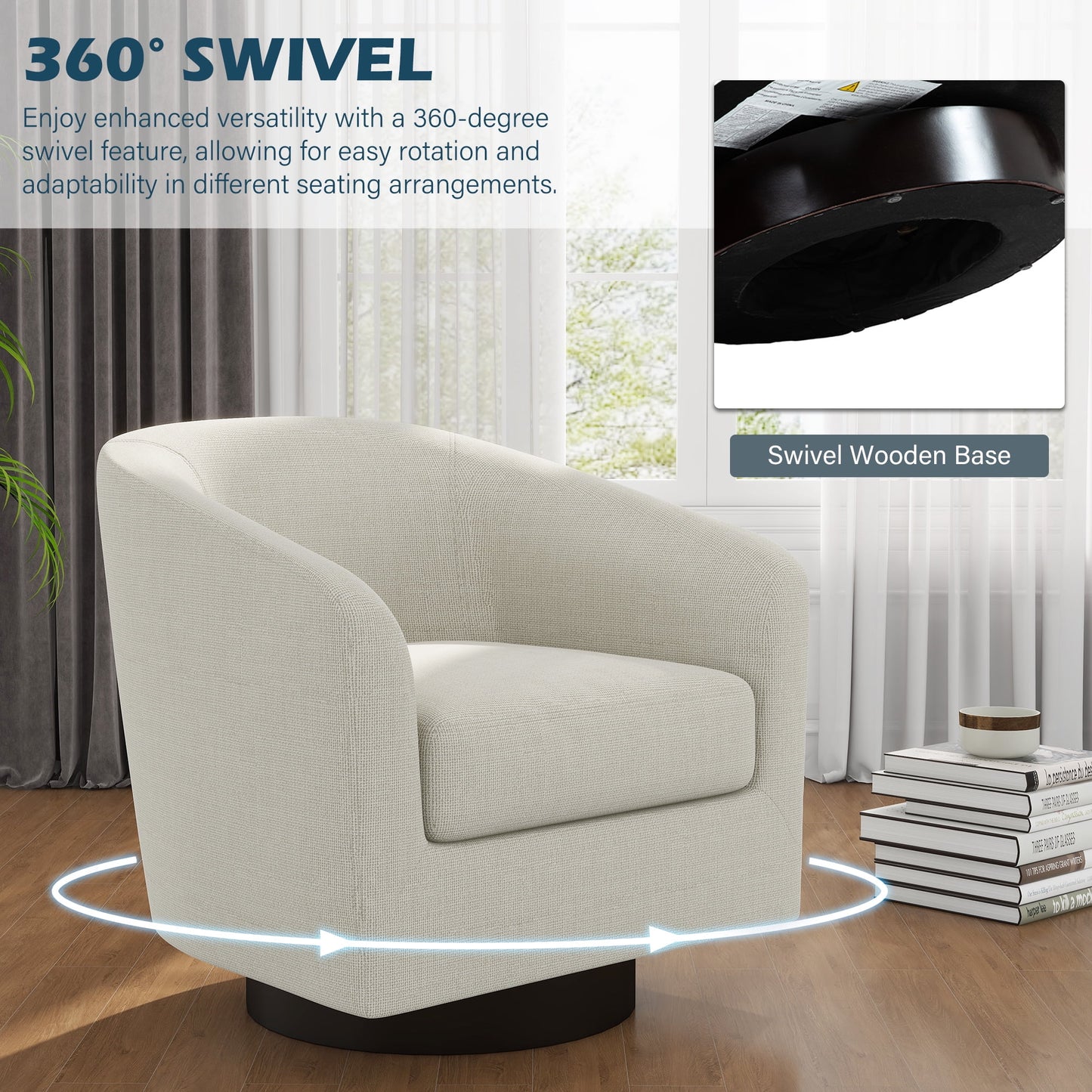 UIXE Swivel Accent Chair, Upholstered Fabric Barrel Chair for Living Room, Small Single Sofa Bedroom Reading Seat, Light Gray