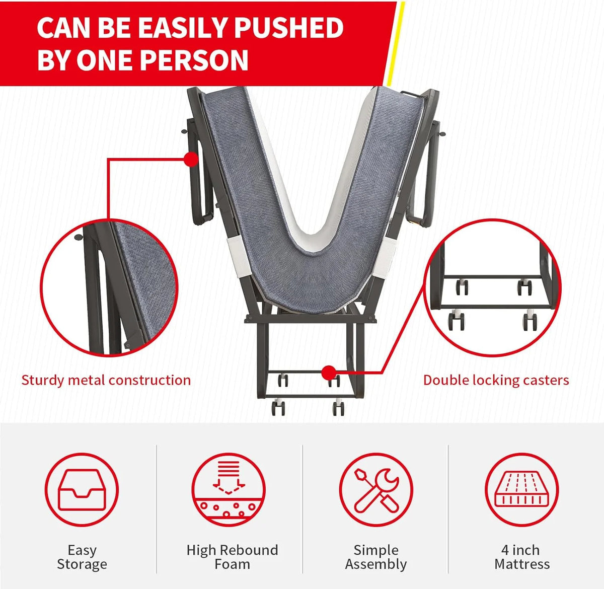 Puremind Folding Bed with 4 Inch Foam Mattress,  75" x 31" Rollaway Bed for Adults, Portable Bed with Lockable Wheels, Easy Assembly & Moving, Standard