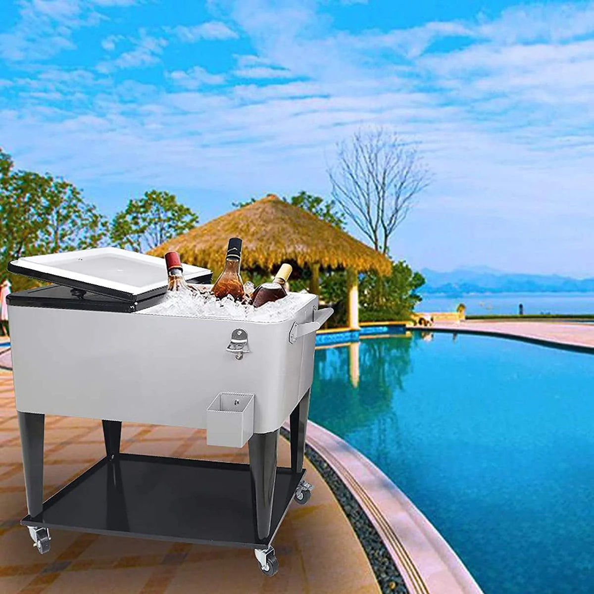 FreeLung 80QT Rolling Cooler Cart with Wheels Ice Chest Outdoor Backyard Coolers on Wheels Silver