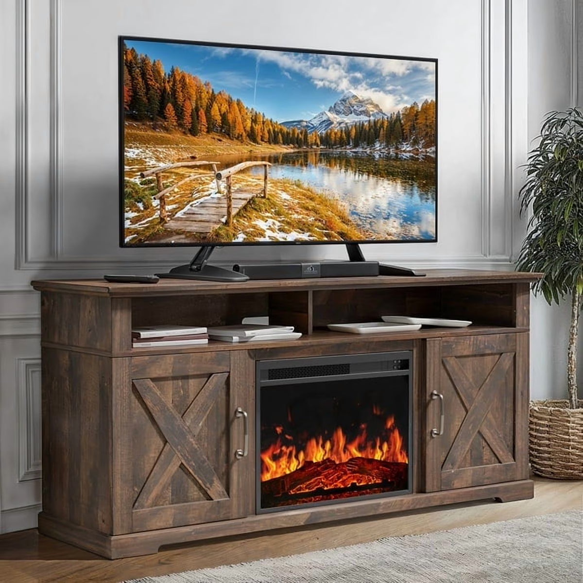 Electric Fireplace TV Stand for TVs up to 75", Farmhouse Entertainment Center with Fireplace, Grey