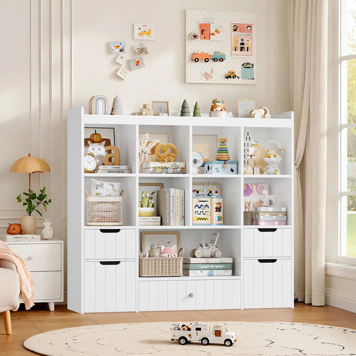 Homfa Kids Toy Storage Organizer with Cubby, Kids Toy Storage Chest with Removable Drawers, Kids Bookcase for Playroom Bedroom Living Room, Pink