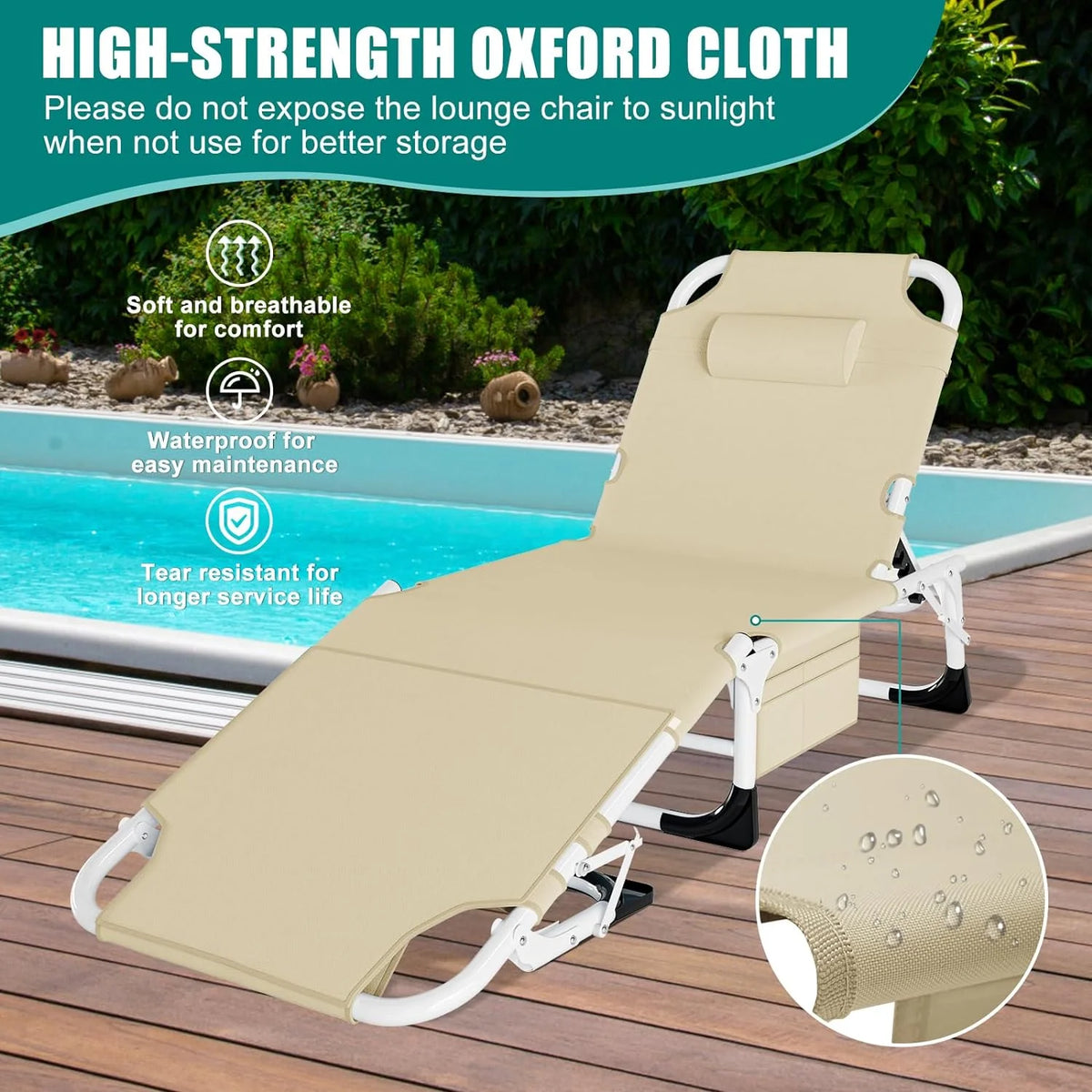 Slsy Folding Lounge Chair, 5-Position Adjustable Outdoor Reclining Chair, Folding Sleeping Bed Cot, Folding Chaise Lounge Chair for Pool Beach Patio Sunbathing