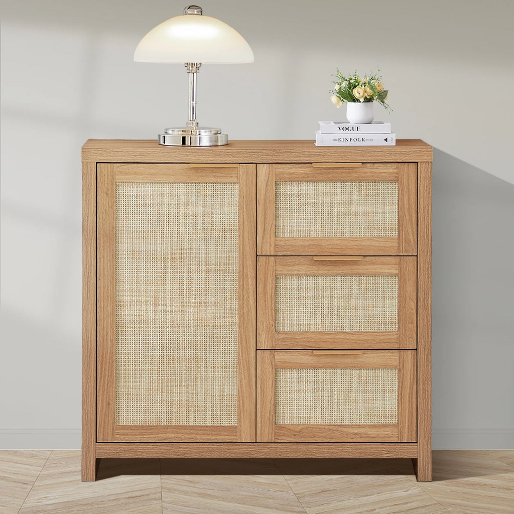ARKANTOS Sideboards and Buffets, Boho Storage Cabinets with Rattan Doors and Drawers, Natural Oak