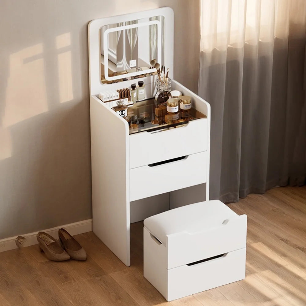 Miniyam Vanity Desk with Lighted Flip Mirror, Drawers & Stool, Makeup Table for Adults, Walnut