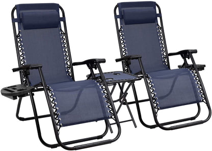 Vineego 3 Pieces Zero Gravity Chair Patio Foldable Chaise Lounge Chairs 2 Beach Chairs and Table with Cup Holders,Beige