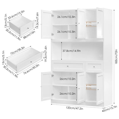 Homfa 72" Tall Kitchen Pantry with Microwave Shelf, Freestanding Kitchen Cupboard, Floor Cabinet for Dining Room, White