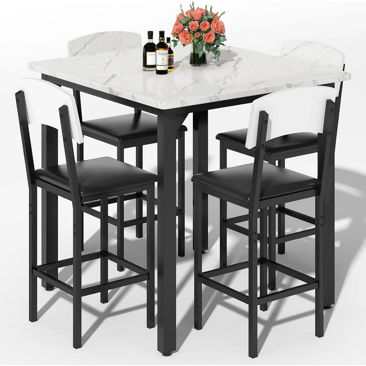 Lamerge 4 Person Dining Table Set, Solid Wood Dining Table with 4 Upholstered Leather Chairs, Modern Kitchen Dining Room Dining Table Set for Small Spaces, Apartments, Kitchens, Dining Rooms. White