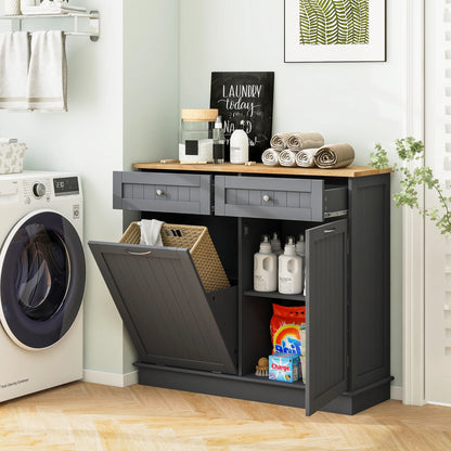 Costway 15.5 Gallon Kitchen Tilt Out Trash Cabinet Rubber Wood Tabletop 2 Drawers Shelf Gray