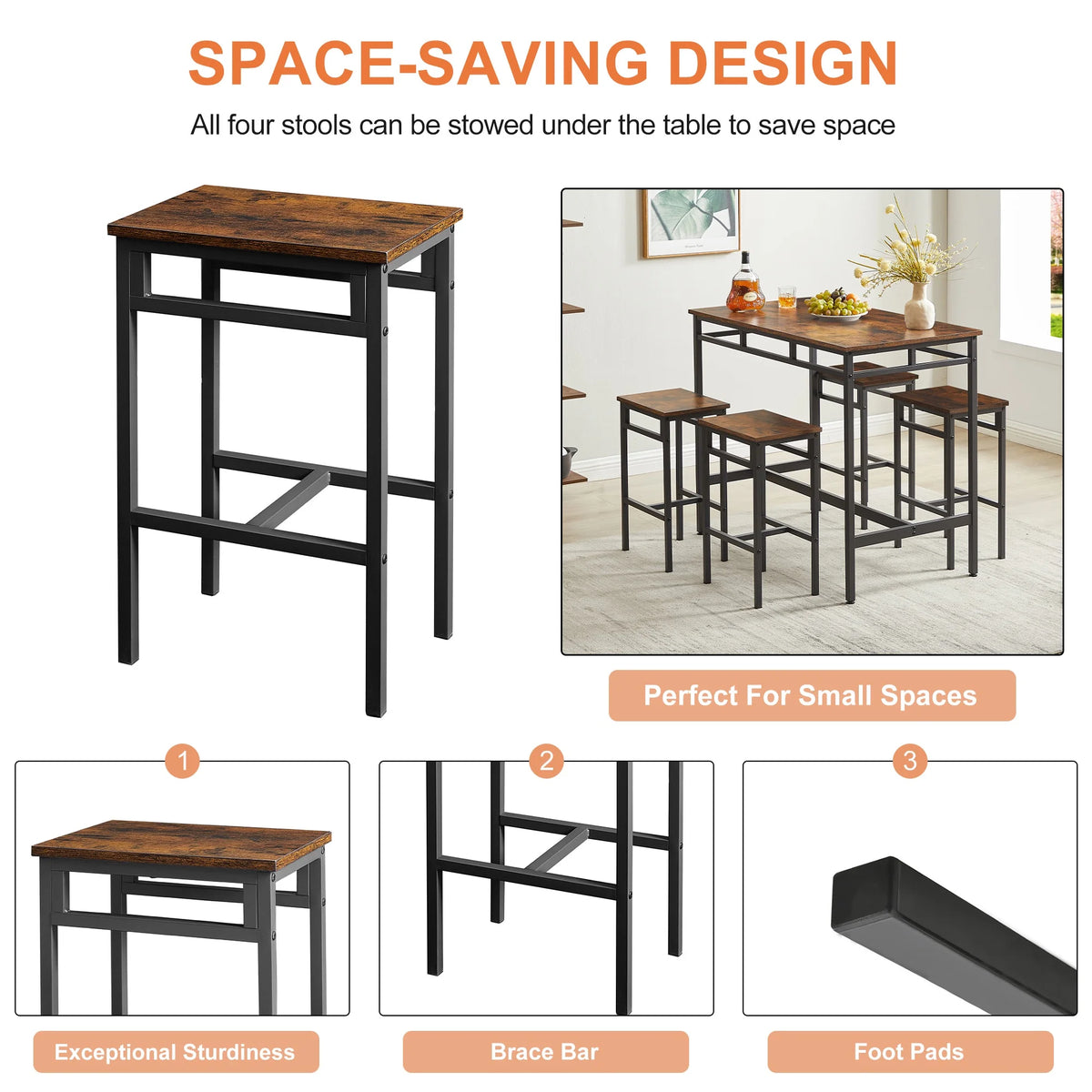 Counter Height Table Set of 5, Breakfast Bar Table and Stool Set, Minimalist Dining Table with Backless Stools, Wood Top Pub Table & Chair Set for Kitchen Apartment Bistro - Space Saving