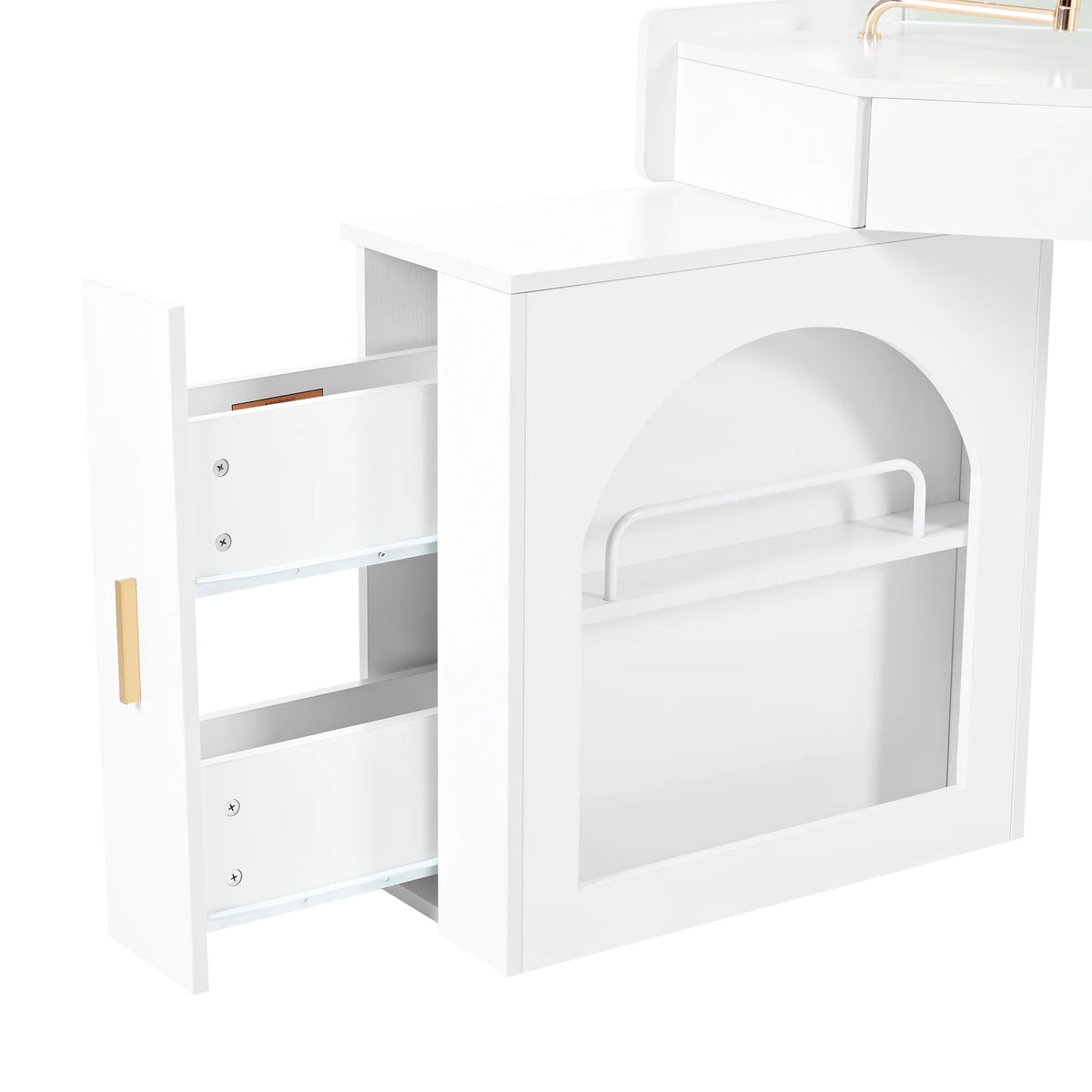 MODERNLUXE Corner Makeup Vanity Desk with Folding Mirror and Lights,Modern Vanity Set with 1 Stool,2 Drawers and 3 Shelves for Bedroom,Women, and Girls,Walnut