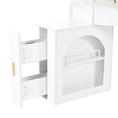 MODERNLUXE Corner Makeup Vanity Desk with Folding Mirror and Lights,Modern Vanity Set with 1 Stool,2 Drawers and 3 Shelves for Bedroom,Women, and Girls,Walnut