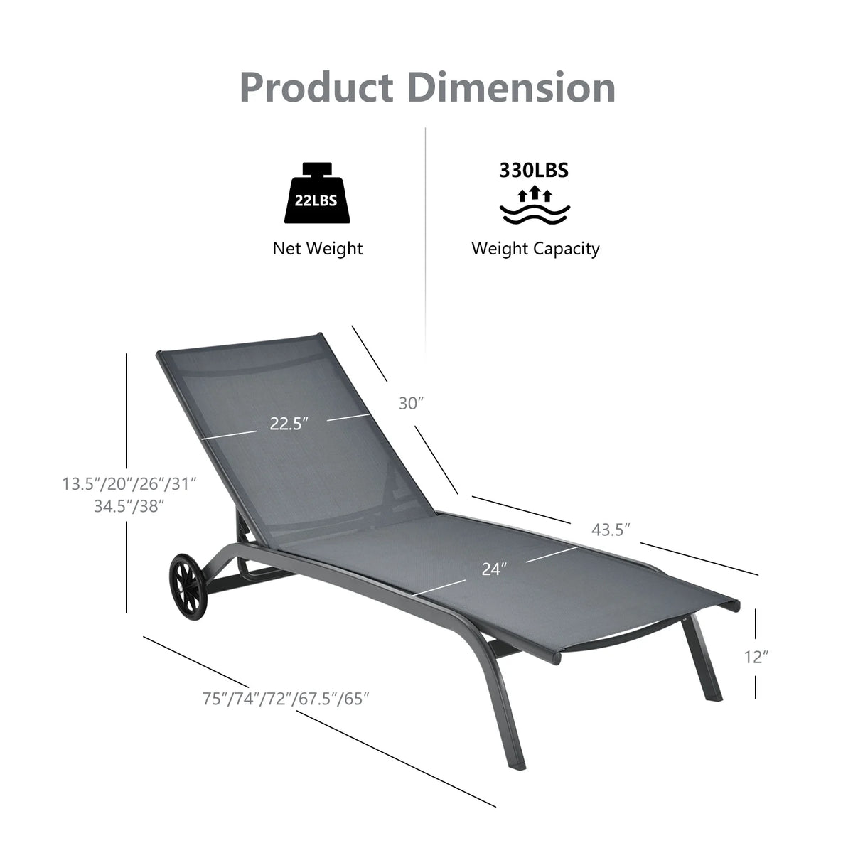 Costway 2PCS Outdoor Adjustable Chaise Lounge Patio 6-Position Recliner Wheels Black