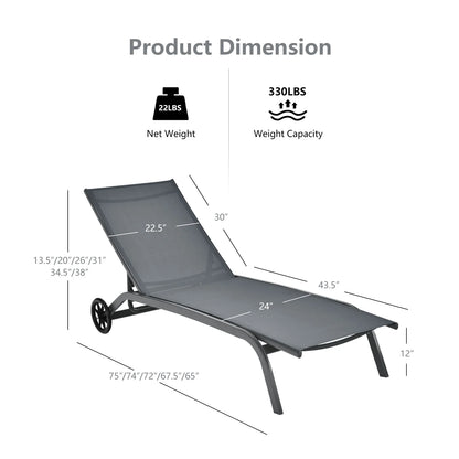Costway 2PCS Outdoor Adjustable Chaise Lounge Patio 6-Position Recliner Wheels Black
