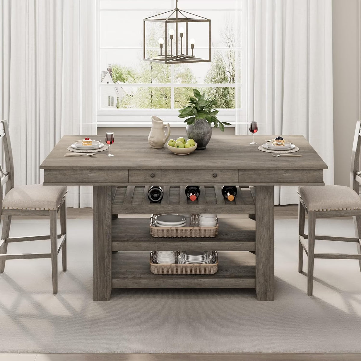 60" Counter Height Dining Table for 4,Rustic Counter Height Dining Table with Drawers& Open Shelves for Kitchen, Bar