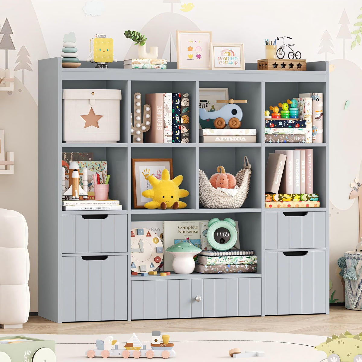 Homfa Kids Toy Storage Organizer with Cubby, Kids Toy Storage Chest with Removable Drawers, Kids Bookcase for Playroom Bedroom Living Room, Pink