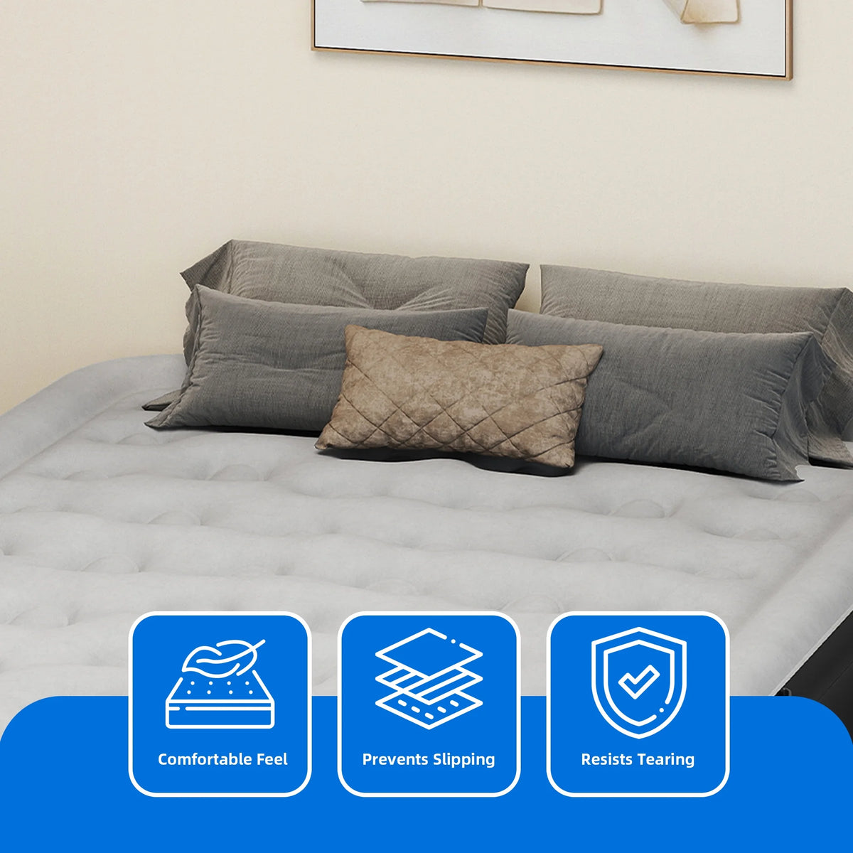 Dextrus Inflatable Queen Air Mattress with Built-in Pump, Frame, Velvet Surface & Portable Storage Case, Khaki
