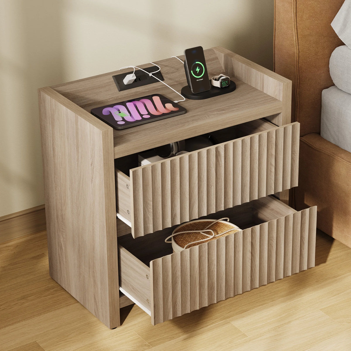 SICOTAS 25.4" Wide Nightstand Set of 2 with Charging Station, Modern Night Stand  with  2 Fluted Dresser & Handle-Less Storage Farmhouse Bed Side Table  for Bedroom, Natural Oak