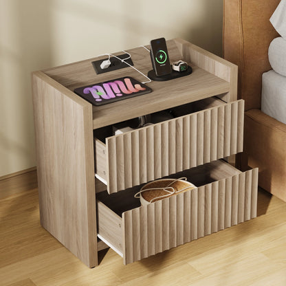 SICOTAS 25.4" Wide Nightstand Set of 2 with Charging Station, Modern Night Stand  with  2 Fluted Dresser & Handle-Less Storage Farmhouse Bed Side Table  for Bedroom, Natural Oak