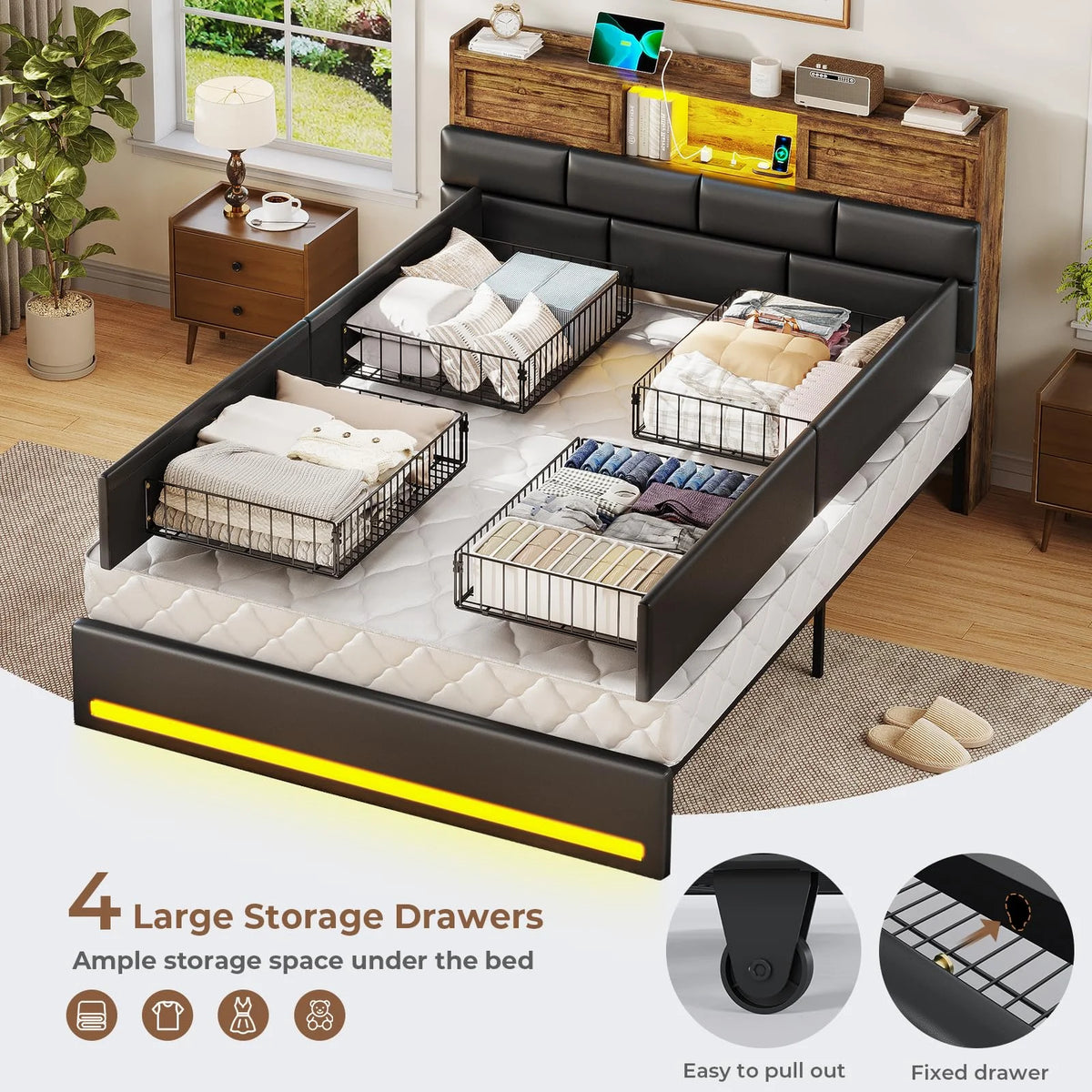 Twin Bed Frame with Bookcase Headboard and Storage, Barn Doors Twin Size Upholstered Beds with 4 Under Bed Storage Drawers & Charging Station & LED Lights, Grey