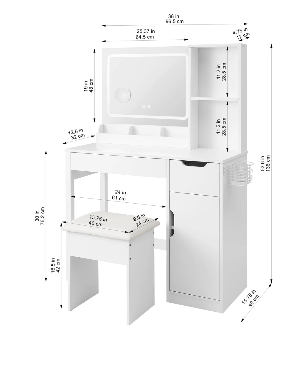 Mainstays Get Ready with Me GRWM Deluxe 2-Piece Vanity and Stool with Lighted Mirror and USB Power, White Finish