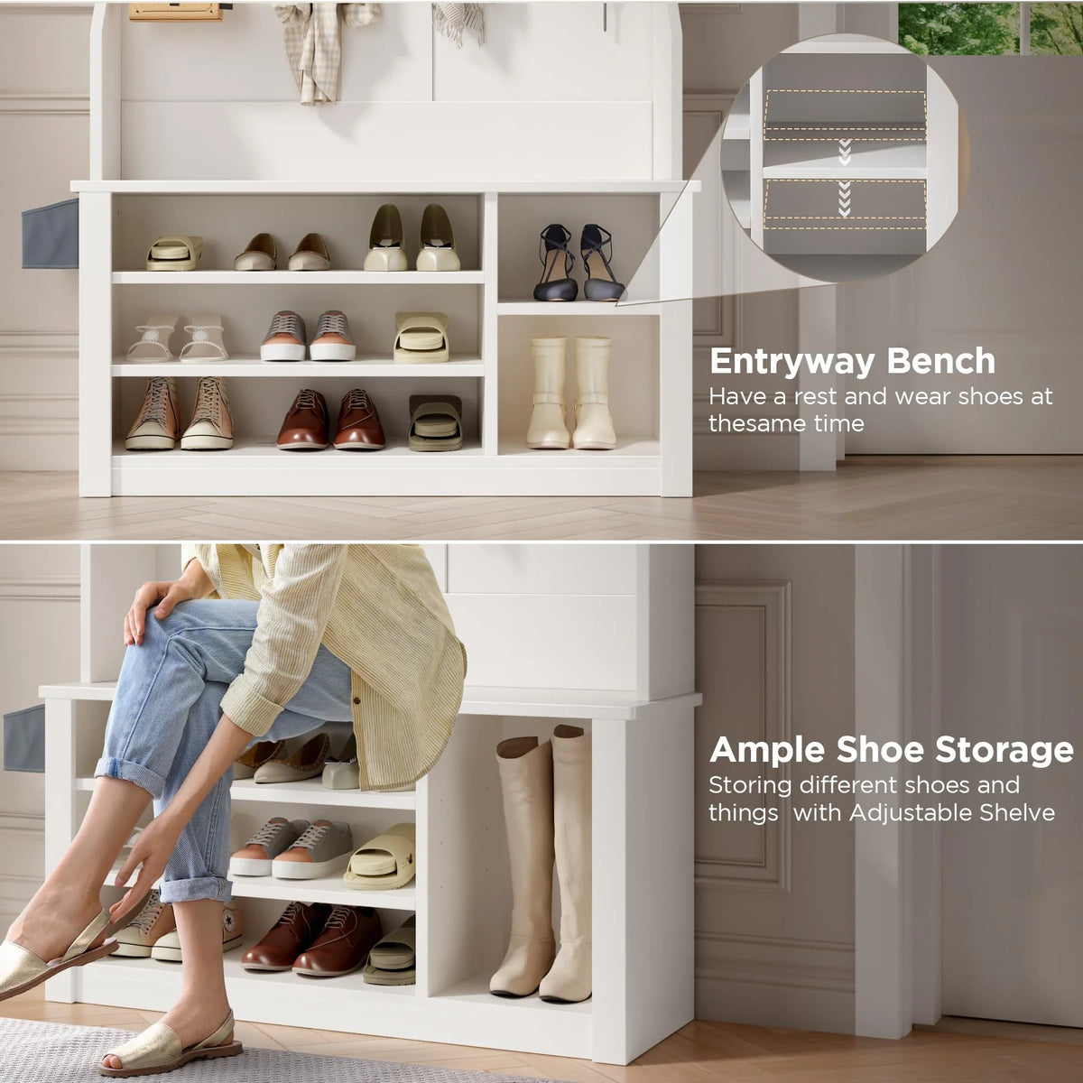 Lofka 5-in-1 Hall Tree with Bench and Shoe Storage, Entryway Hall Tree with Coat Rack, Adjustable Shoe Storage, 2-tier top storage,White