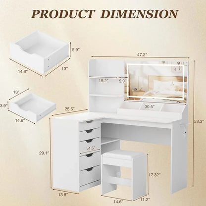 Furmax L Shaped Vanity Desk Set Corner Makeup Vanity Set with Adjustable LED Lighted Mirror & Power Outlets Dressing Table with Organizers, and Cushioned Stool, White