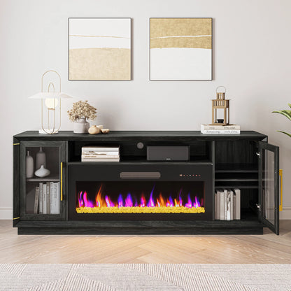 BELLEZE Fireplace TV Stand for TVs Up To 75", Entertainment Center with 36" Electric Fireplace, LED Ambient Lighting, and Storage, Media Console Table 69 Inch - Avenue (Black)
