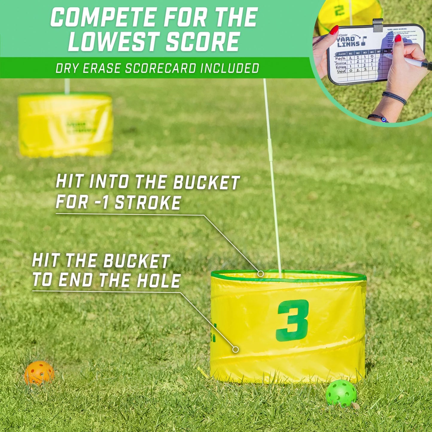 GoSports Yard Links Golf Game with 6 Buckets,  Backyard Practice Golfer Game, Tee Markers and 6 Balls