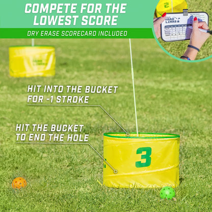GoSports Yard Links Golf Game with 6 Buckets,  Backyard Practice Golfer Game, Tee Markers and 6 Balls