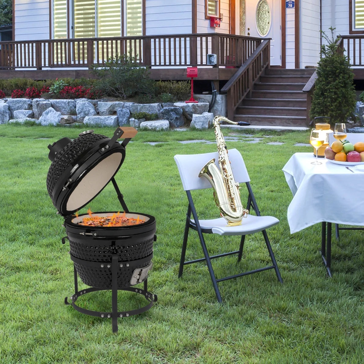 13in Ceramic Charcoal Kamado Grill with Heavy Duty Heat-Resistant Walls, 50-800��F Temp Control, for Backyard Grilling, Smoking, Baking, Orange