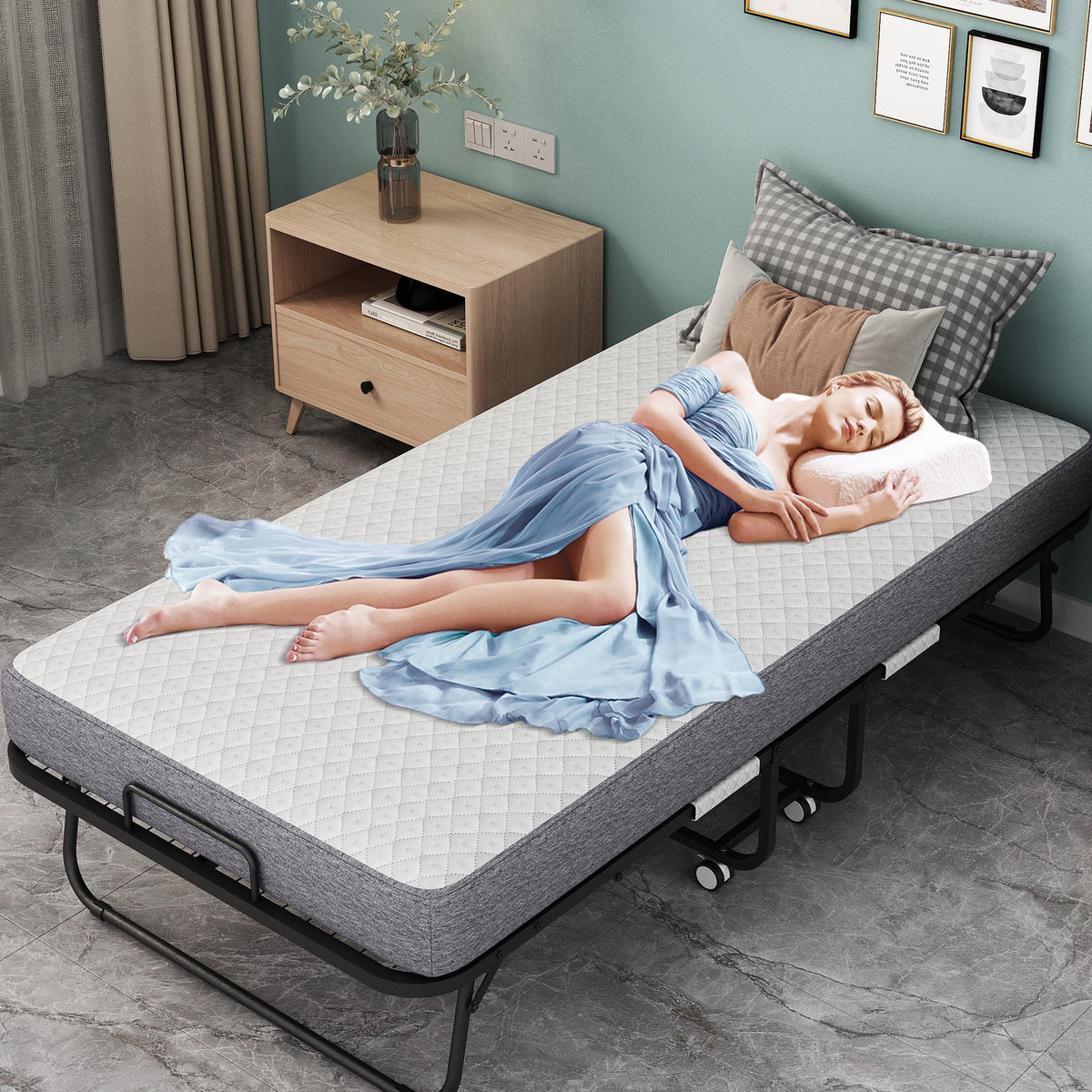 Folding Bed with Mattress 75" x 31" Cot Size Folded Bed, Rollaway Guest Bed Portable Foldable Extra Bed for Adults Daybed with 5" Memory Foam Mattress Space-Saving Sturdy Metal Grid Frame