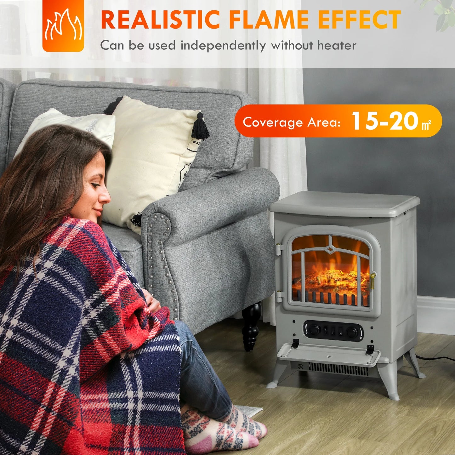 HOMCOM Electric Fireplace Heater with Realistic LED Flames Beige