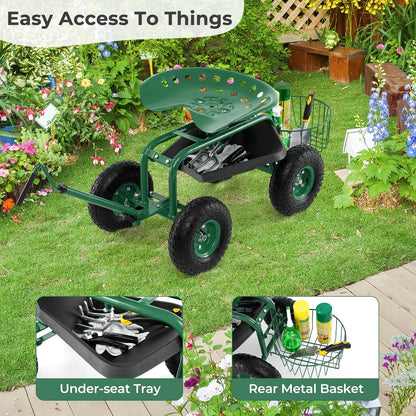Costway Garden Cart Rolling Work Seat for Planting with Extendable Handle Green