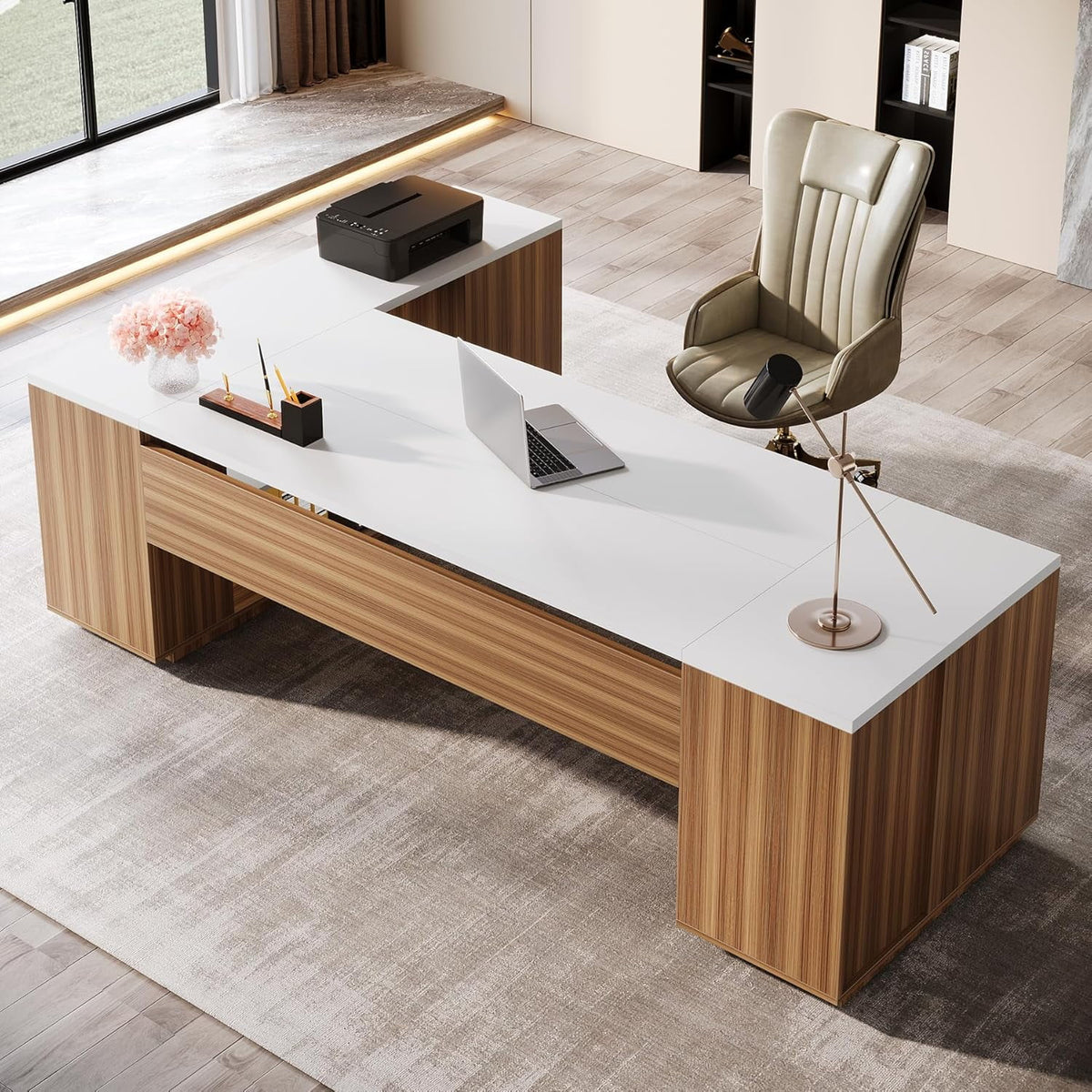 Tribesigns 85.8" L-Shaped Executive Desk, Extra Large Office Desk with File Drawers, Modern Business Furniture with Door Cabinet, Shelves for Home Office, White & Brown