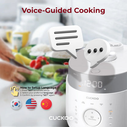 Cuckoo 10 Cup Dry Induction Heating Twin Pressure Rice Cooker with Micom Logic Tech, Nonstick Pot, Warmer, 25 Menu Modes and Voice Guide in White (CRP-LHTR1009FW)