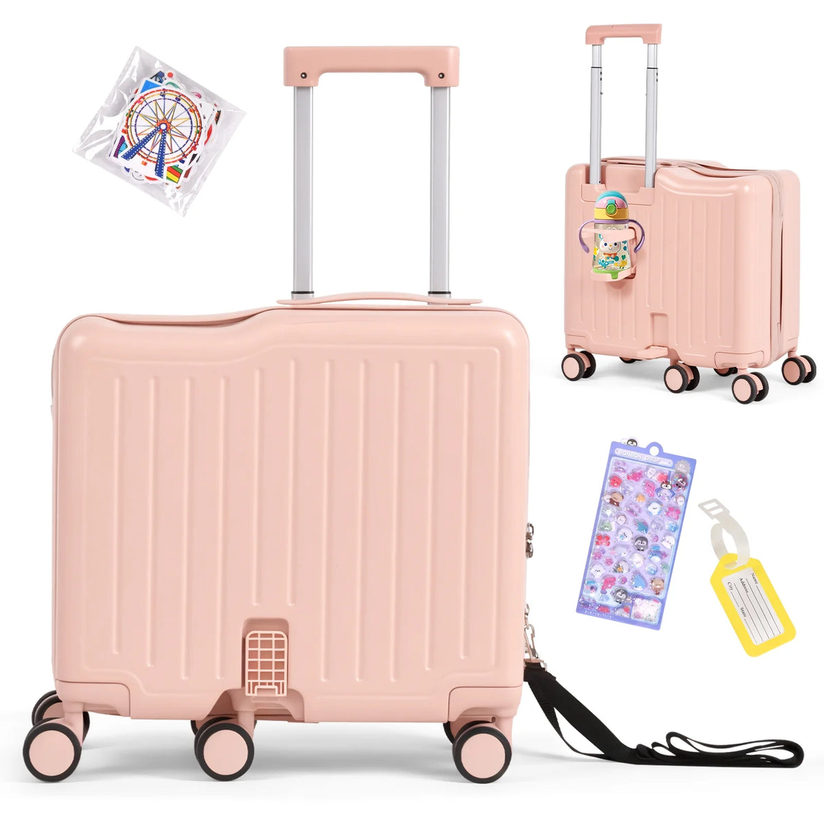 Advwin Ride-On Kids Luggage with Pull Strap, Footrests, Cup Holder, 6 Wheels & Adjustable Handle, 18-Inch Spinner Suitcase with Stickers & Boarding Pass, Pink