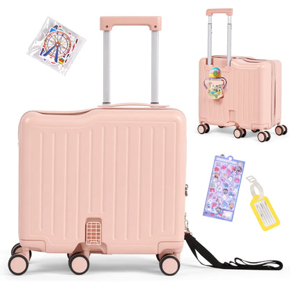 Advwin Ride-On Kids Luggage with Pull Strap, Footrests, Cup Holder, 6 Wheels & Adjustable Handle, 18-Inch Spinner Suitcase with Stickers & Boarding Pass, Pink