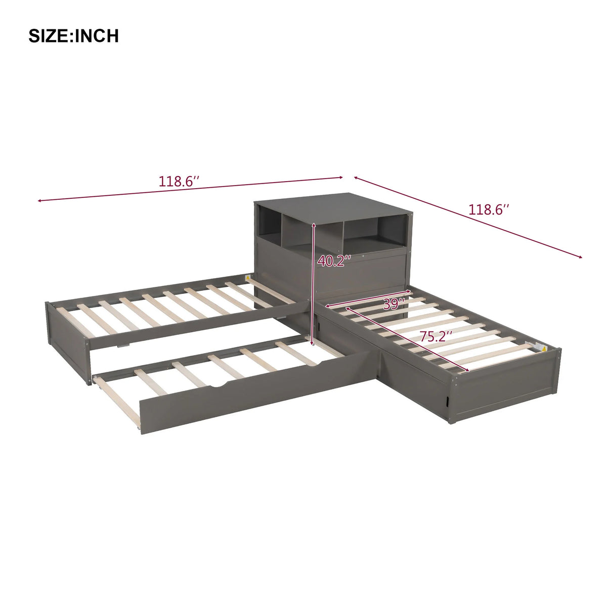 Euroco Pine Wood L-Shaped Twin Platform Bed with Storage Desk, Cabinets, Trundle and LED Light for Kids Teens, Gray