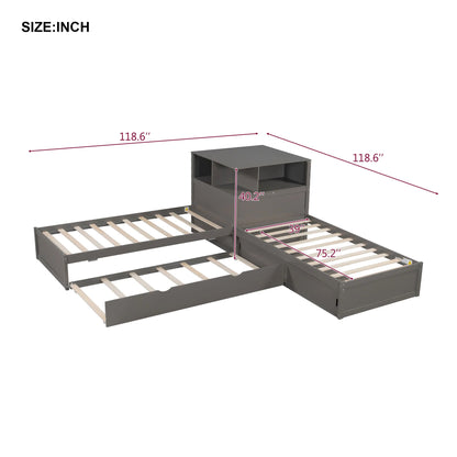 Euroco Pine Wood L-Shaped Twin Platform Bed with Storage Desk, Cabinets, Trundle and LED Light for Kids Teens, Gray