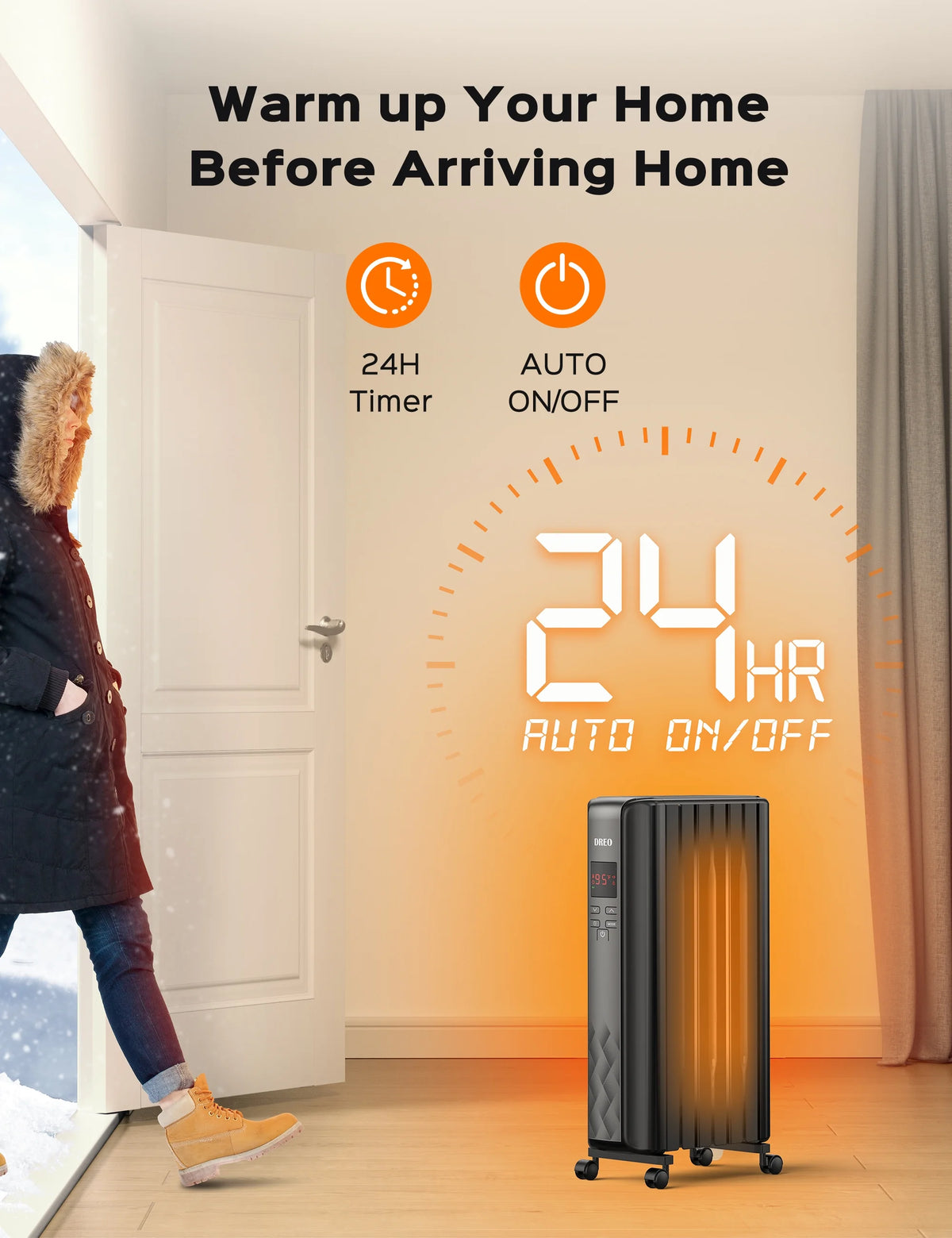 Dreo Oil Filled Radiator, Electric Radiant Heaters for indoor use Large Room with Remote Control, Child Lock, 4 Modes, Overheat & Tip-Over Protection, 24h Timer, Digital Thermostat, Quiet, 1500W