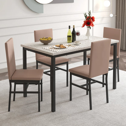 5 Piece Dining Set, Modern Dining Table and Chairs Set for 4, Counter Height Bar Table Set, Modern Pub Table with 4 Velvet Fabric Cushioned Stools, Faux Marble Dining Table & Stools Set, D9297
