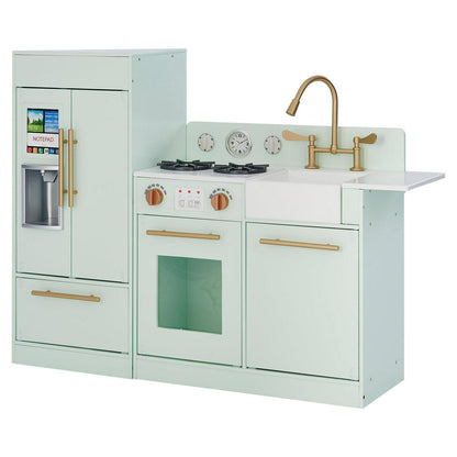 Teamson Kids Little Chef Charlotte Play Kitchen Set – Toddler Wooden Kitchen Playset with Stove. Sink &amp; Refrigerator. Toy Cooking Set for Ages 1-7. Mint/Gold