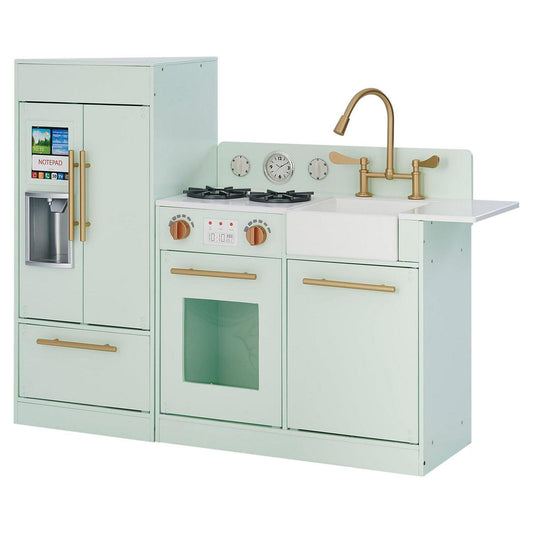 Teamson Kids Little Chef Charlotte Play Kitchen Set – Toddler Wooden Kitchen Playset with Stove. Sink &amp; Refrigerator. Toy Cooking Set for Ages 1-7. Mint/Gold
